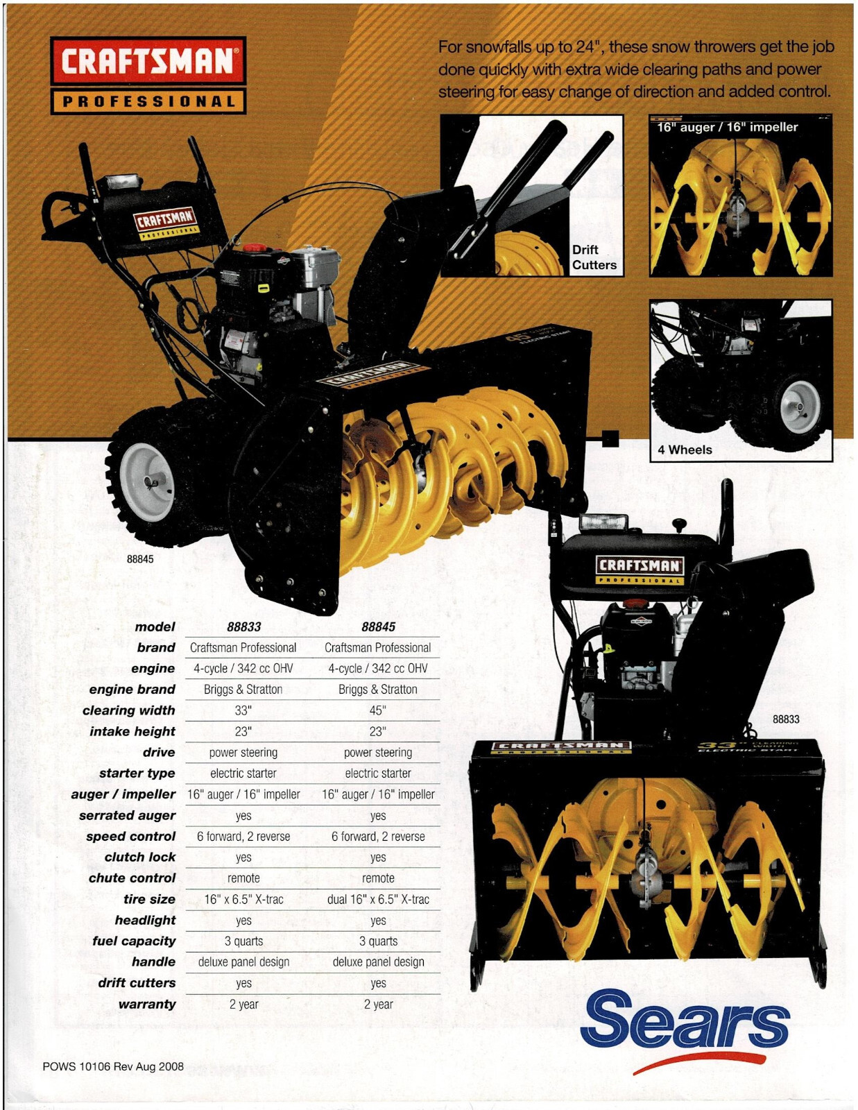 Sears Craftsman 2008/2009 SNOW THROWERS Catalog Brochure