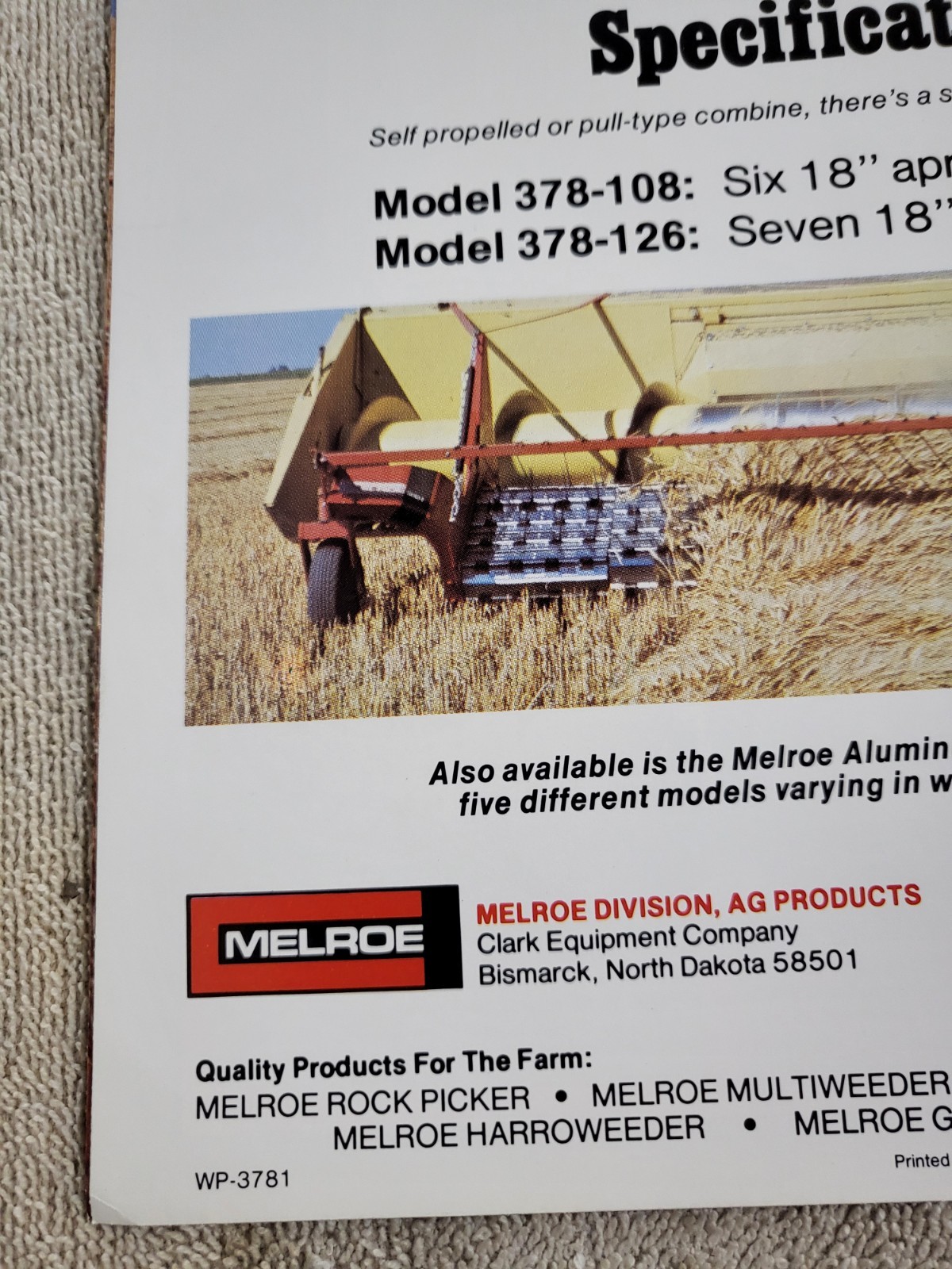 Vintage 1978 Melroe Rubber Apron Windrow Pickup MF Combine Brochure Clark Ag
