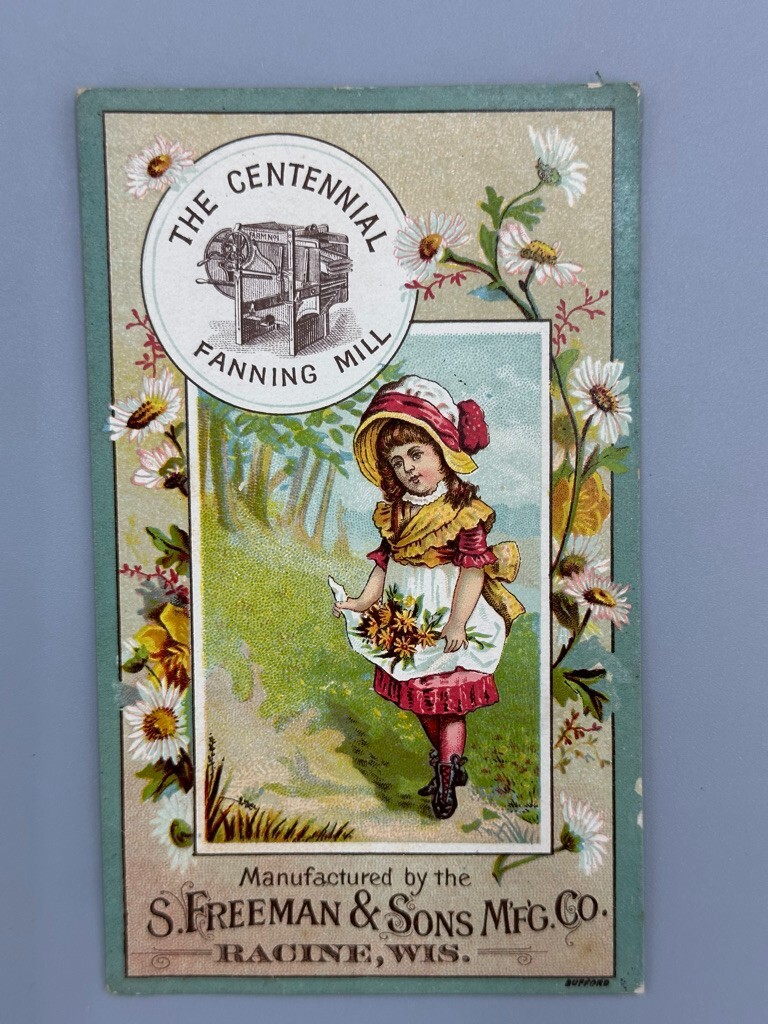 1880s CENTENNIAL FANNING MILL Farm Advertising RACINE Wisconsin TRADE CARD