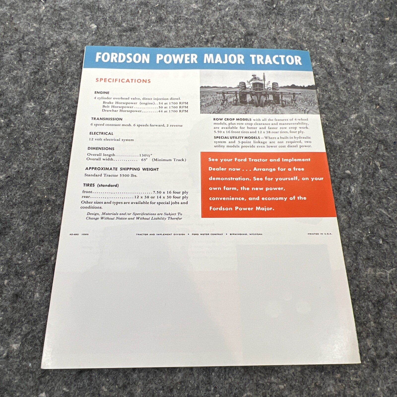 Original FORDSON POWER MAJOR DIESEL Sales Brochure – 4 PAGES – 1958