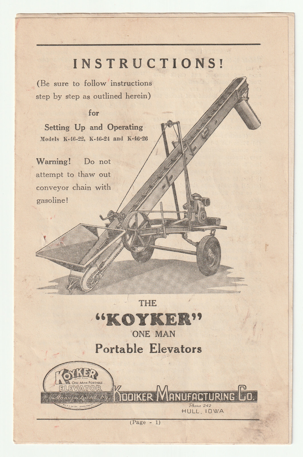 Koyker Mfg. Co., Hull, Iowa, IA – Lot of Instructions for Agricultural Equipment