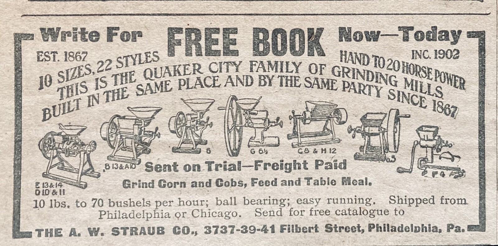 1908 AD.(XH10)~A.W. STRAUB CO. PHIL., PA. QUAKER CITY GRINDING MILLS