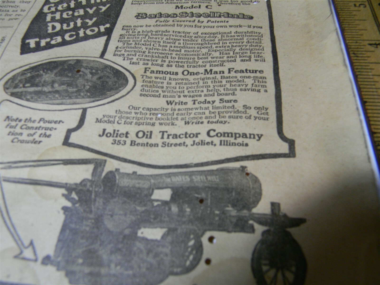 Vintage 1917 Joliet Oil Tractor Co. Farm Implement Man Cave 1910&rsquo;s Print Ad 5E1
