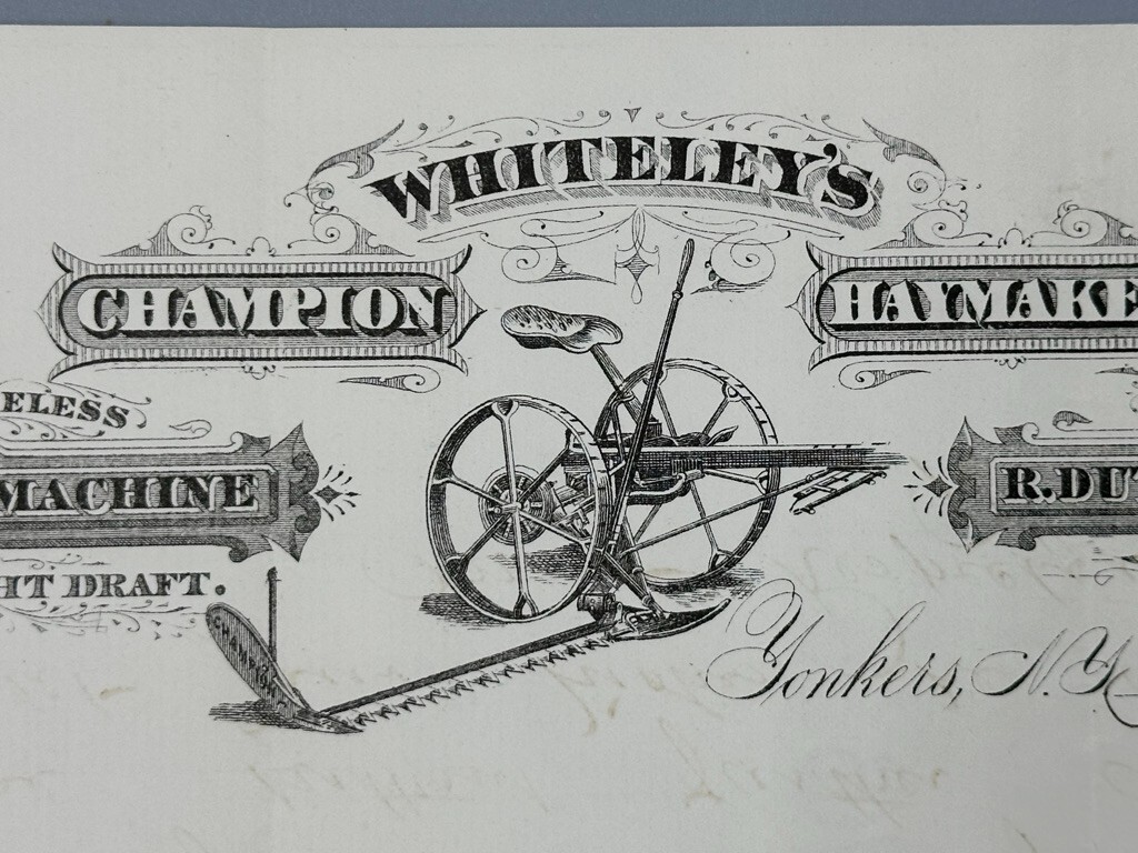 1877 WHITELEY&rsquo;s CHAMPION HAYMAKER Mower FARM ADVERTISING Letterhead YONKERS NY