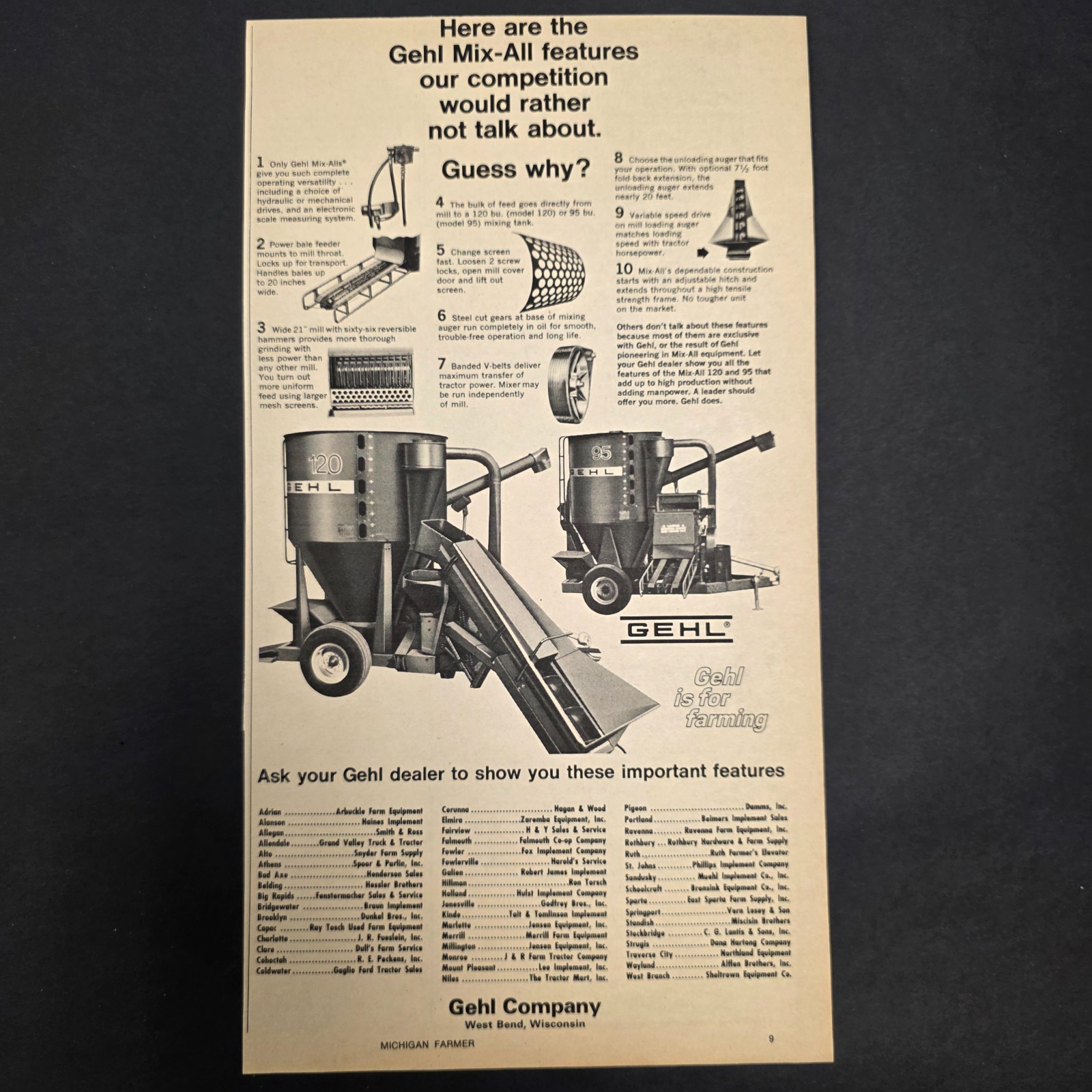 Vintage Gehl Farm Equipment Ad – Mix-All Feed Grinder – Michigan Farmer Magazine