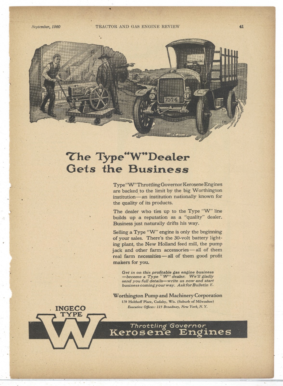 1920 Worthington Pump & Machinery of Cudahy, Wisconsin Ad: INGECO Type W Engine