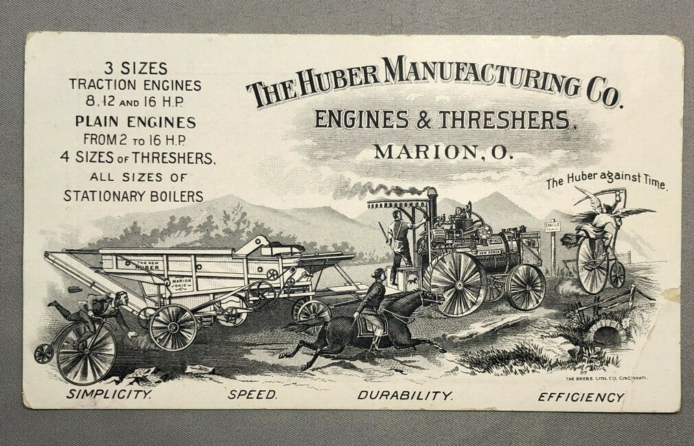 1880s HUBER Engines THRESHERS Farm Advertising ILLINOIS MAP Victorian TRADE CARD
