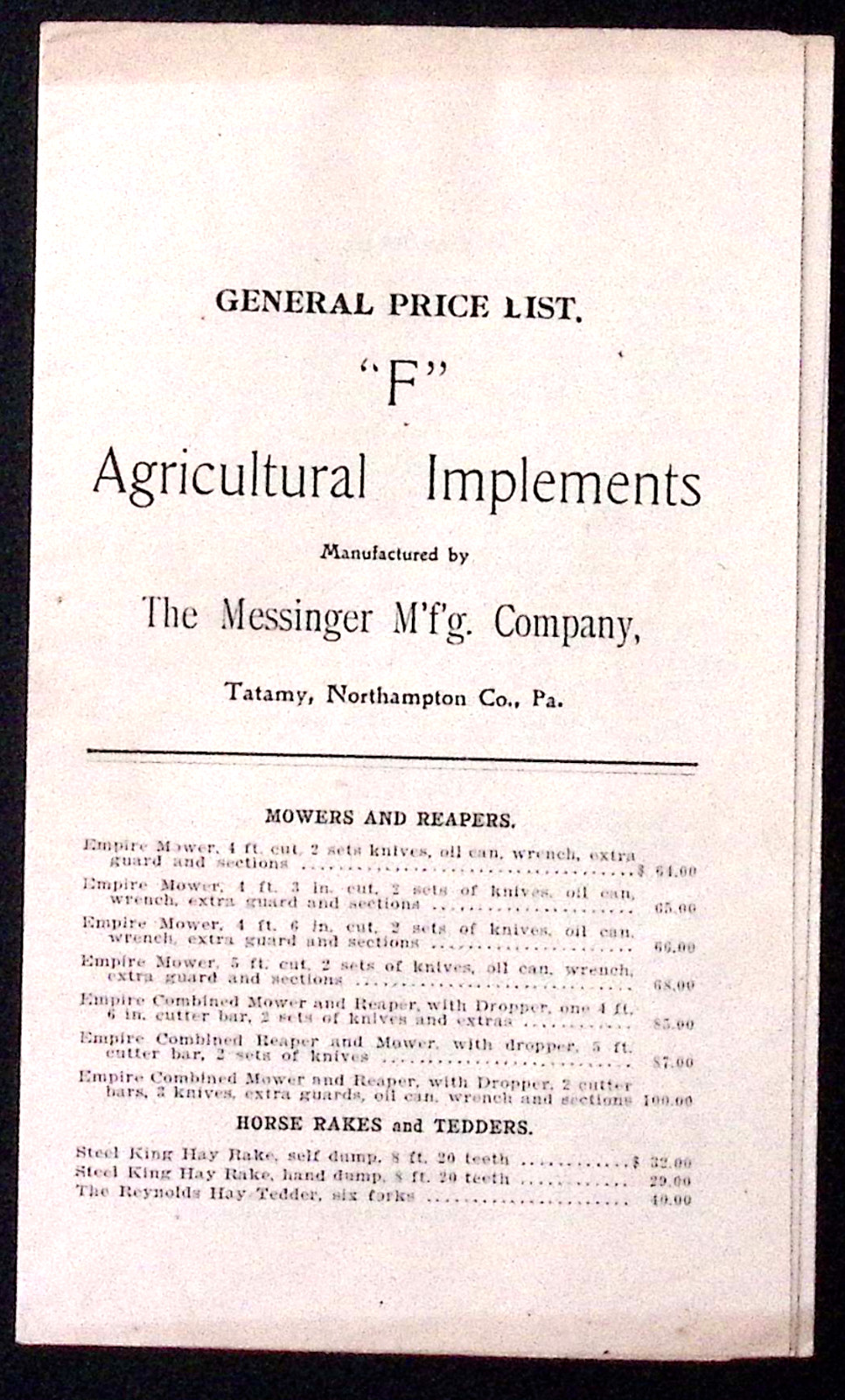 c1900 General Price List Agricultural Implements Mesinger Mfg Co TATAMY PA