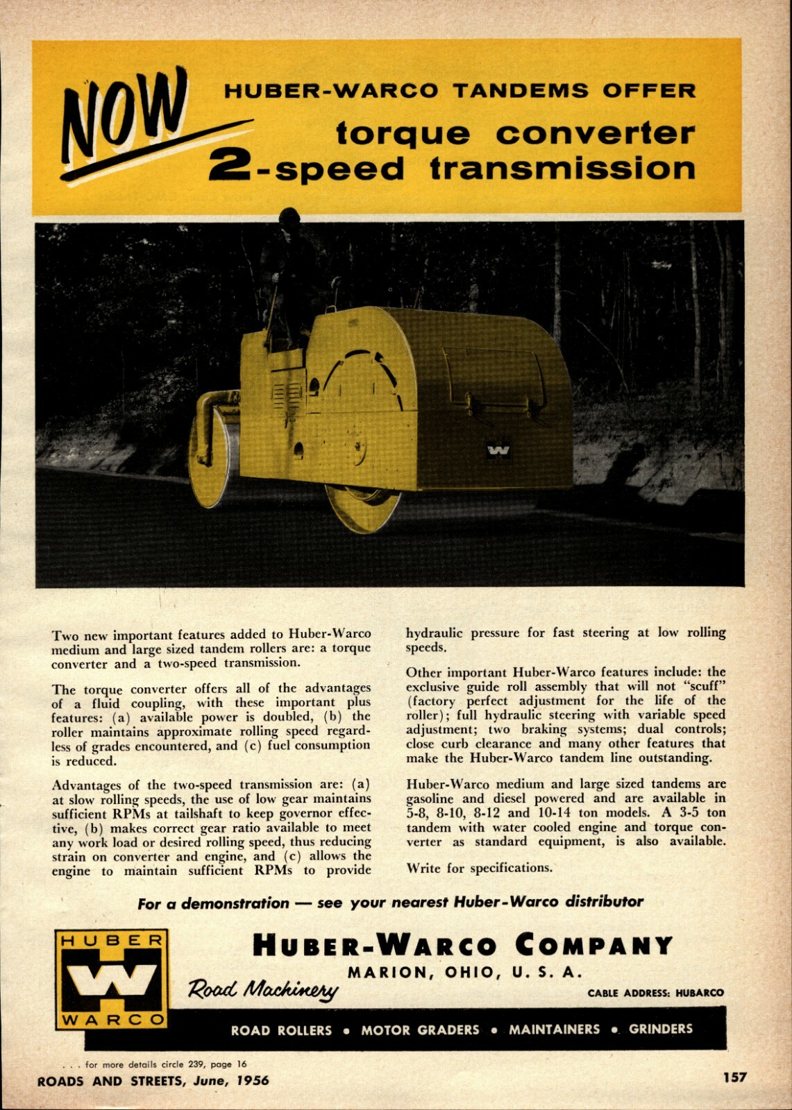 1956 Huber Warco Co. Print Advertisement: 2 Speed Transmission on Road Rollers