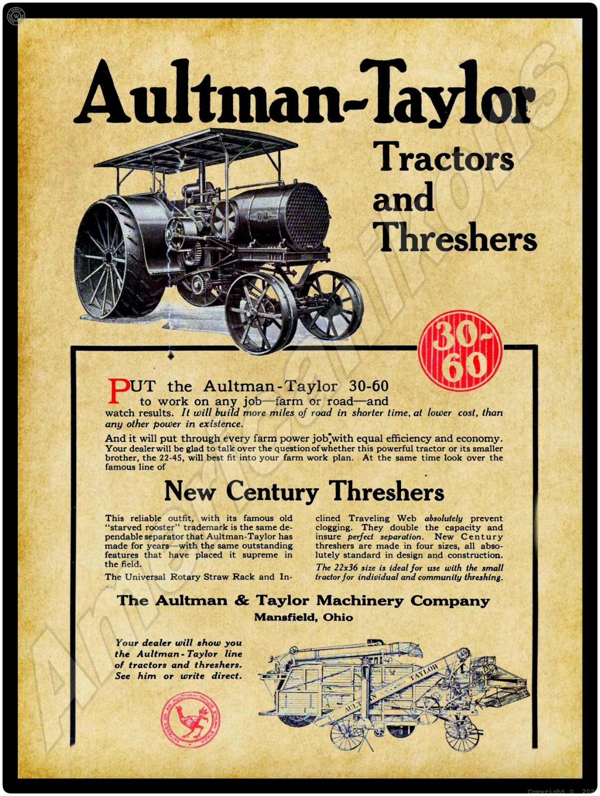 1922 Aultman-Taylor 30-60 Tractors NEW Metal Sign: New Century Thresher