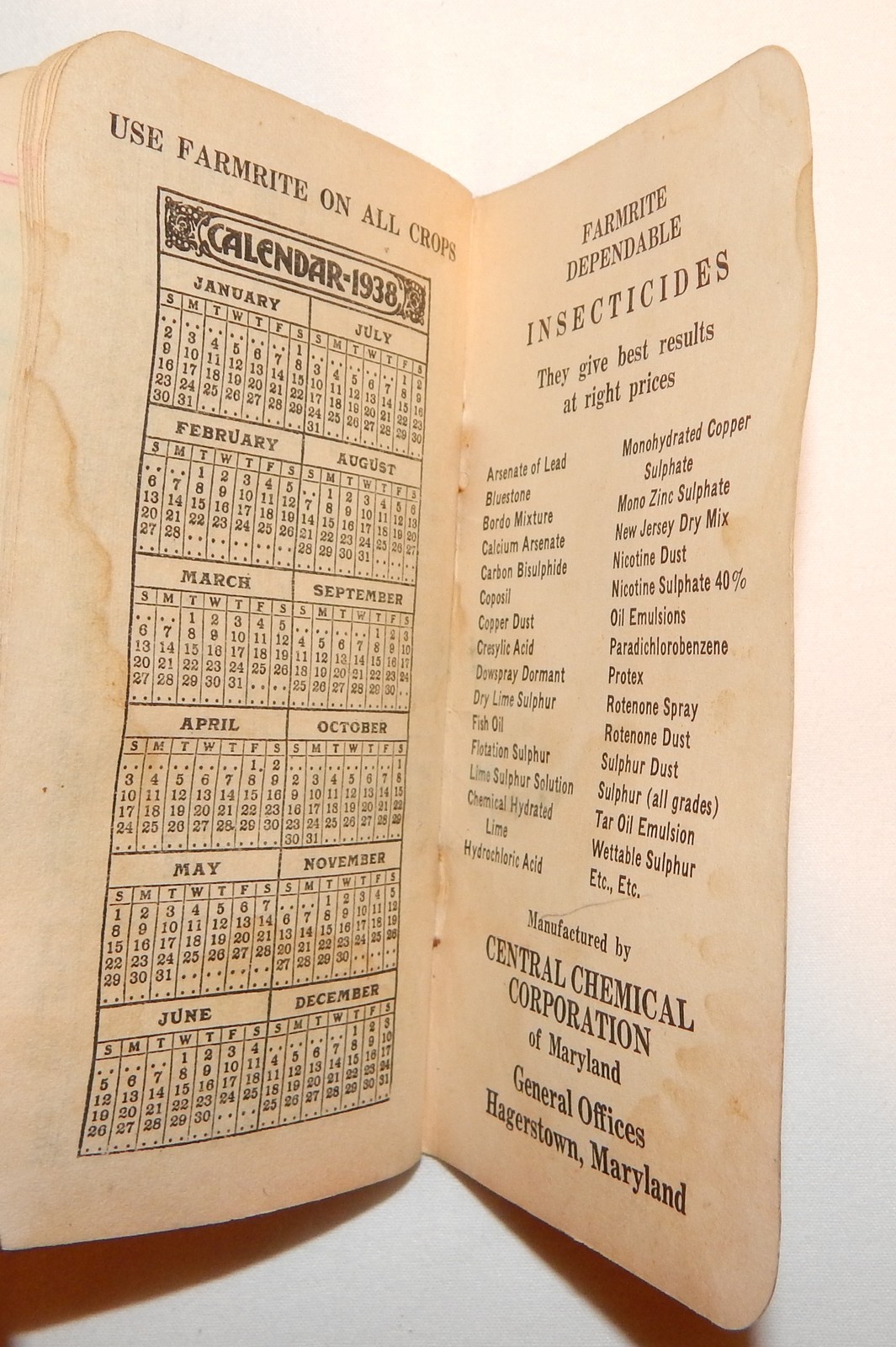 1938 FARMRITE BOOK*ANTIQUE FARM COUNTRY AD*MD MARYLAND CENTRAL CHEMICAL*CALENDAR