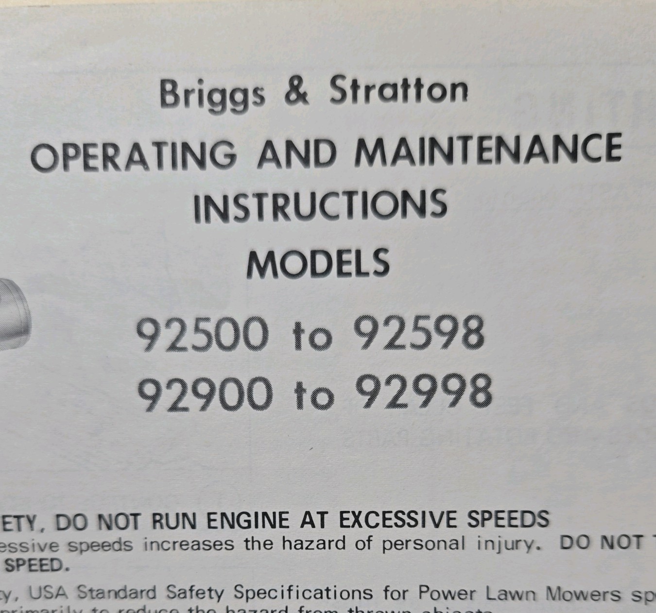 Briggs & Stratton Gasoline Engines Model 92500 to 92598 Operating Instructions