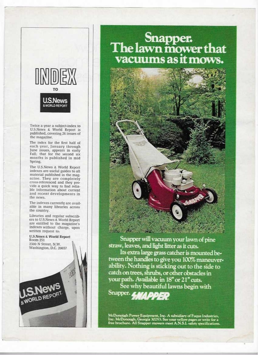 Snapper Lawn Mower & Books By U.S. News & World Report Magazine 1973 Print Ads