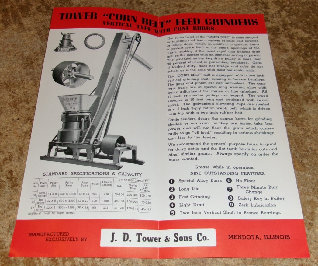 vintage tower corn belt cone burr feed mills 1 page pamphlet nice used