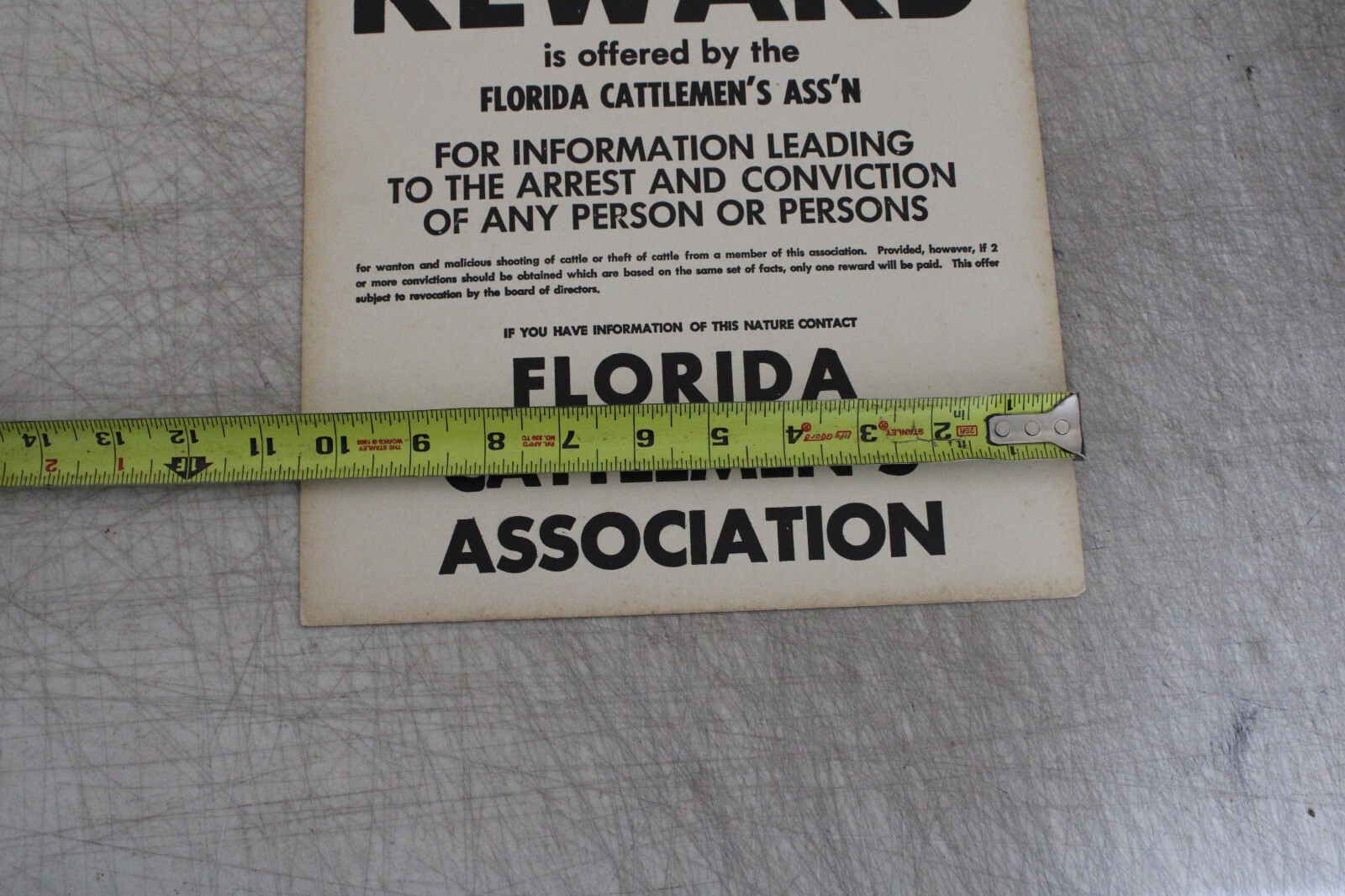 FLORIDA CATTLEMEN&rsquo;S ASSOCIATION SIGN $500.00 REWARD 10.5 X 13.5