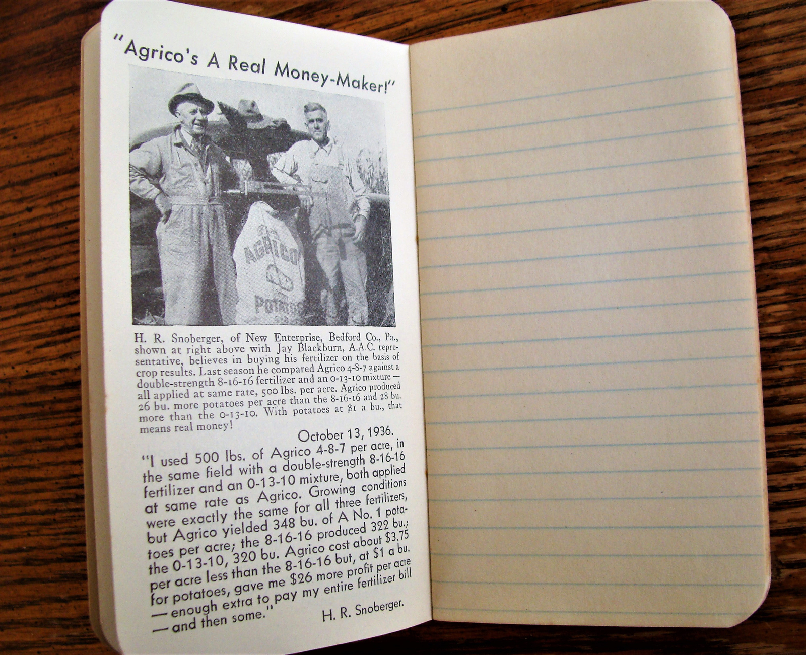 Vtg NOS 1936 Agrico Fertilizers Pocket Memo Book Many Pages Useful Information