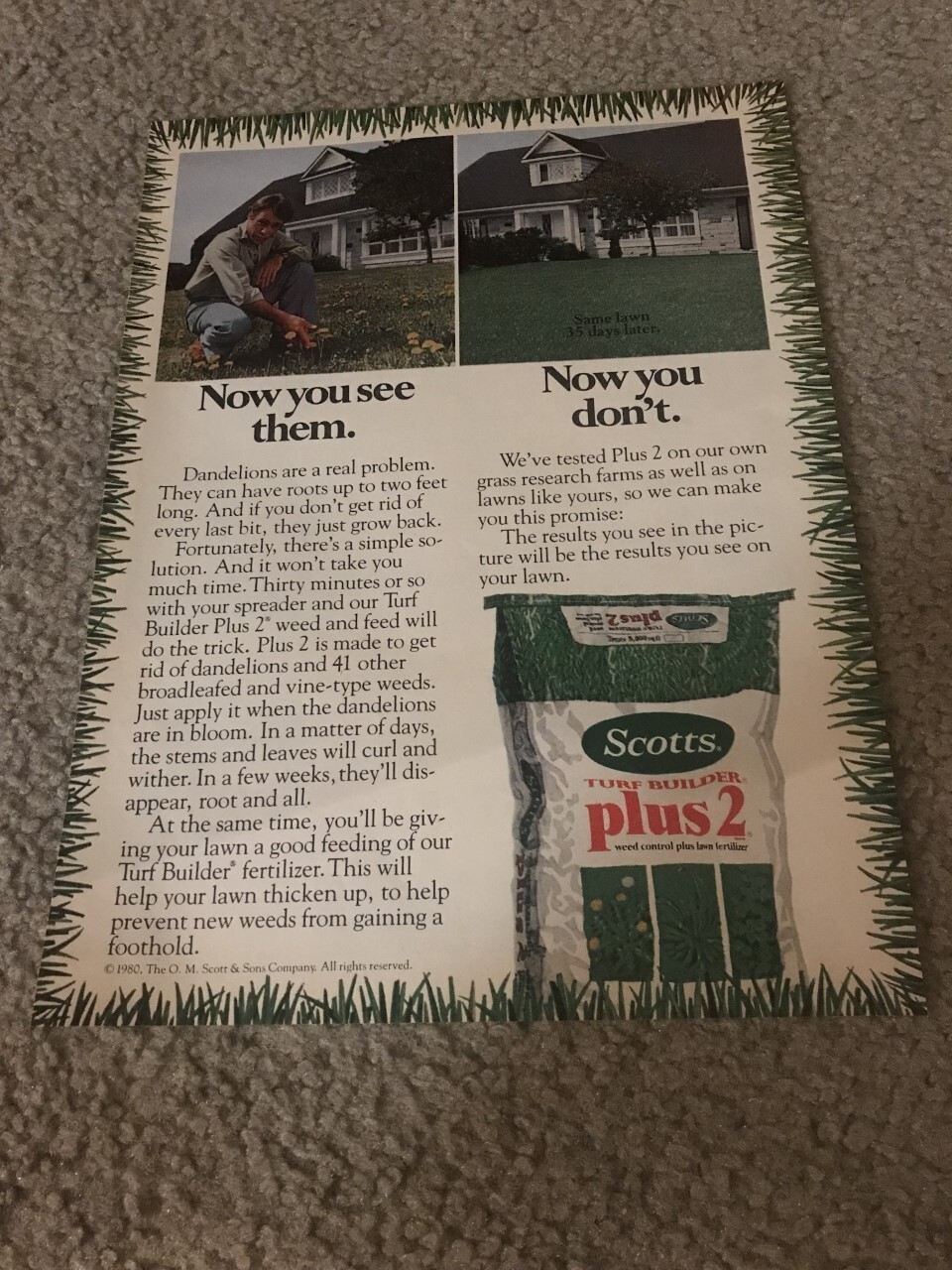 Vintage 1980 SCOTTS SCOTT&rsquo;S TURF BUILDER PLUS 2 FERTILIZER Print Ad