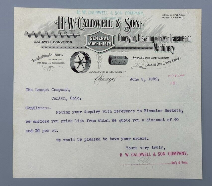1892 H W Caldwell MACHINERY South Bend Pulley Antique Advertising Chicago Letter