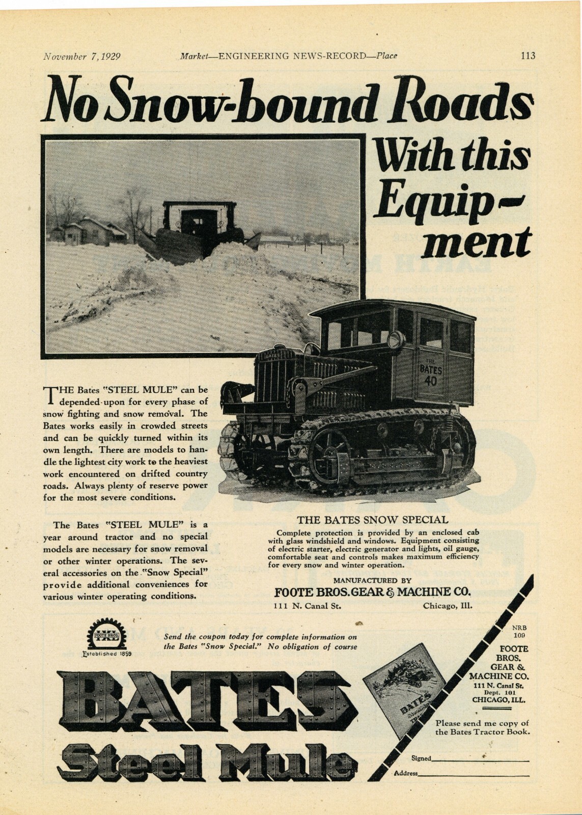 1929 Foote Brothers Gear & Machine Co. Ad: Bates Steel Mule Snow Special Tractor