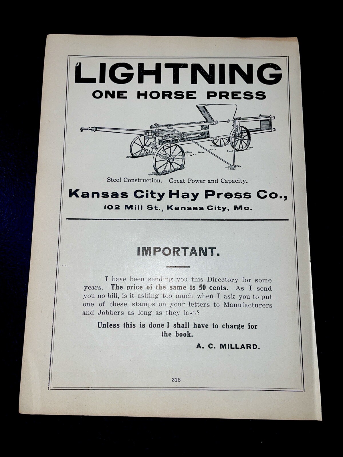 ORIGINAL 1907 Lightning One Horse Press Farm Implement Advertising / Kansas City
