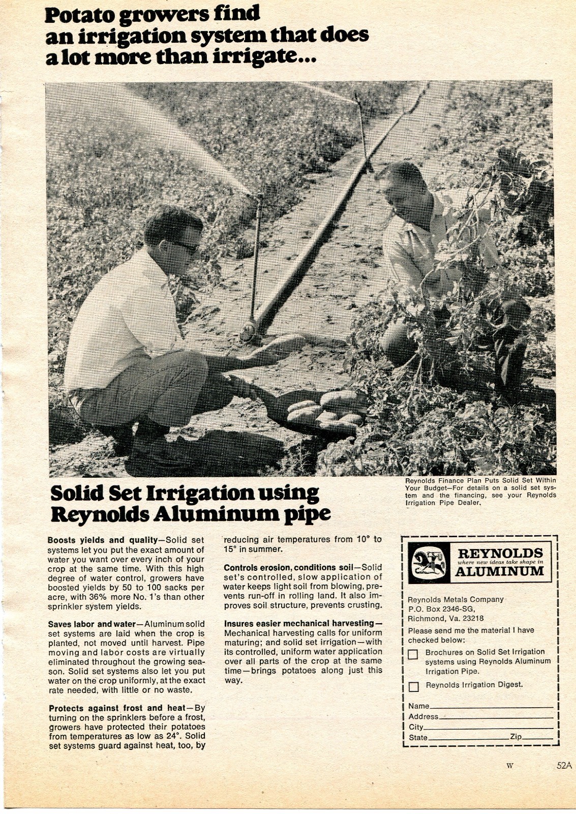 1970 Print Ad of Reynolds Aluminum Pipe potato growers irrigation system