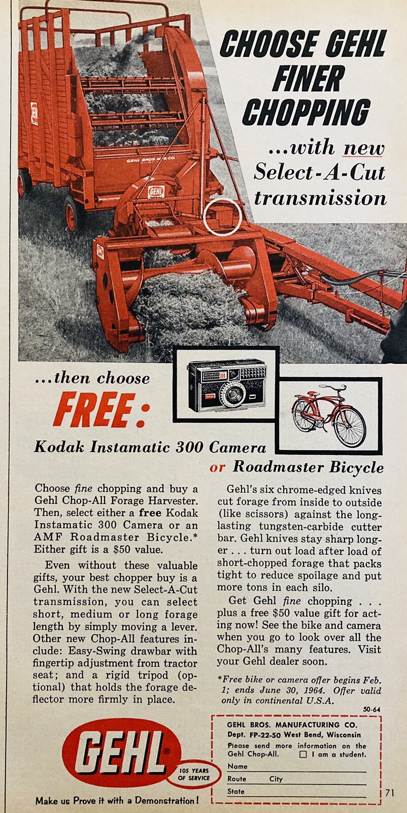 1964 AD.(XH76)~GEHL BROS. MFG. CO. WEST BEND, WIS. CHOP-ALL FORAGE HARVESTER