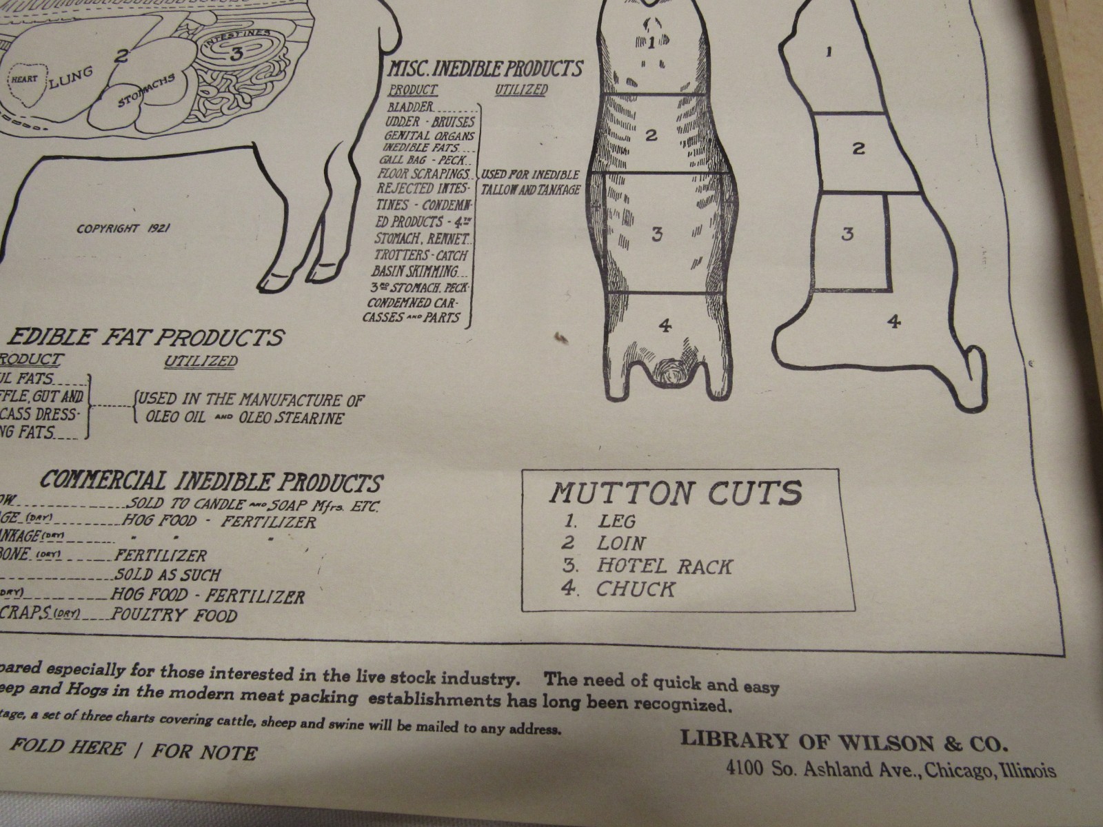 1921 WILSON SHEEP BYPRODUCT PORK CUTS CHICAGO BUTCHER PACKINGHOUSE POSTER VISUAL