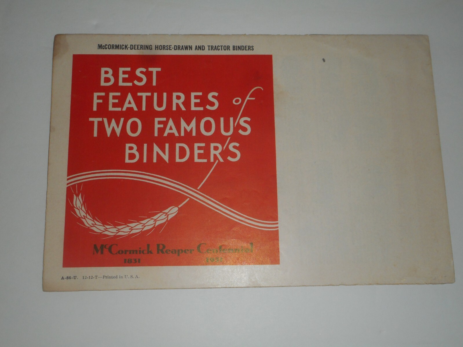 IH MCCORMIC DEERING REAPER CENTENNIAL 1831-1931 Grain Binders Sales Brochure