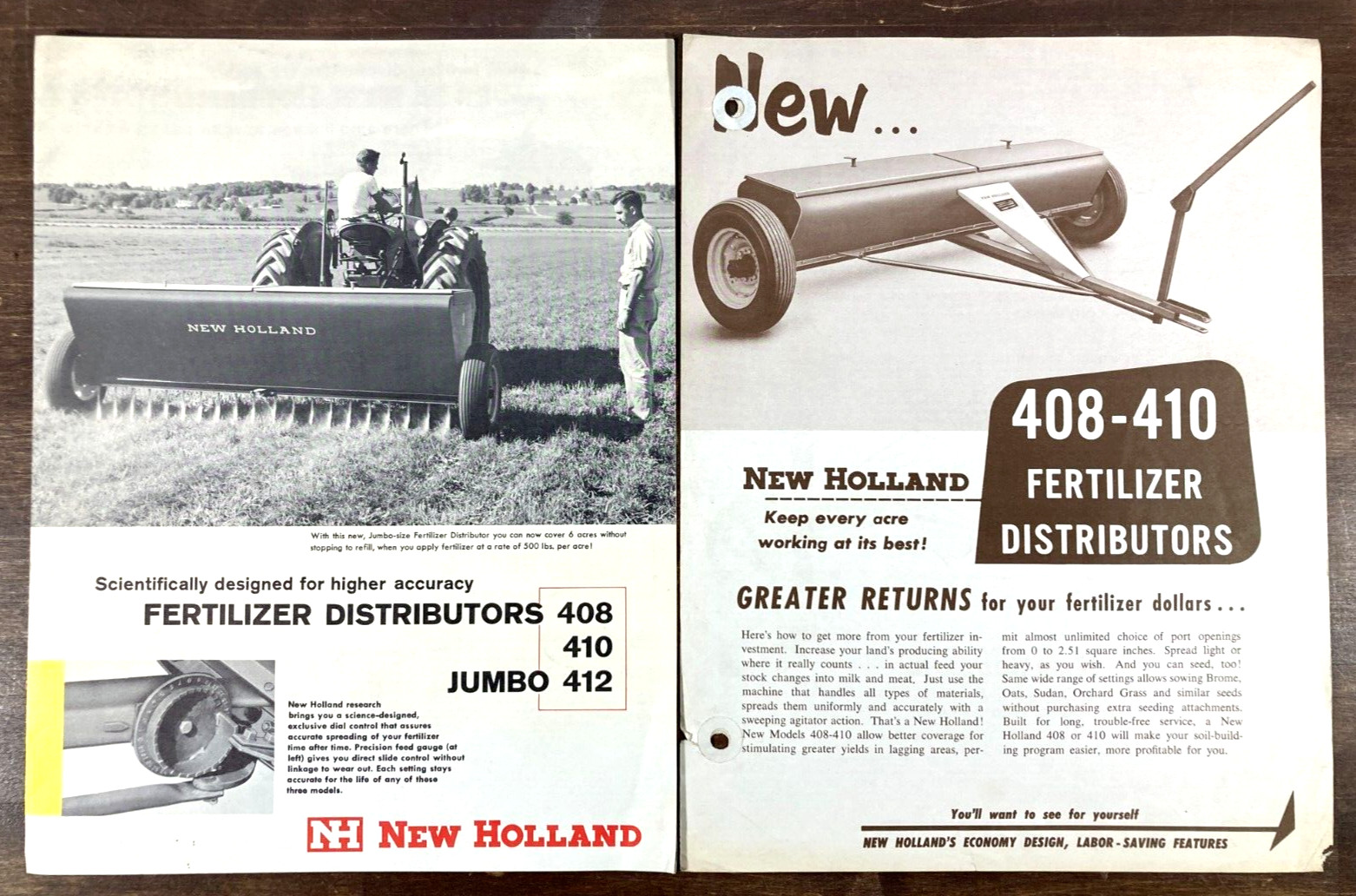 New Holland 408 410 412 Fertilizer Distributors 1957-62 Sales Brochure Lot (2)