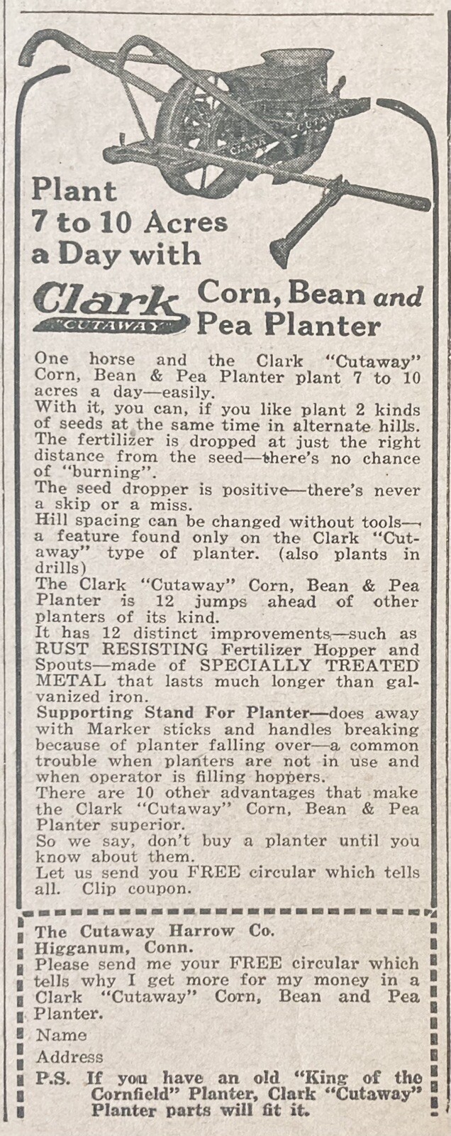 1929 AD.(XH1)~CUTAWAY HARROW CO. HIGGANUM, CONN. CORN, BEAN AND PEA PLANTER