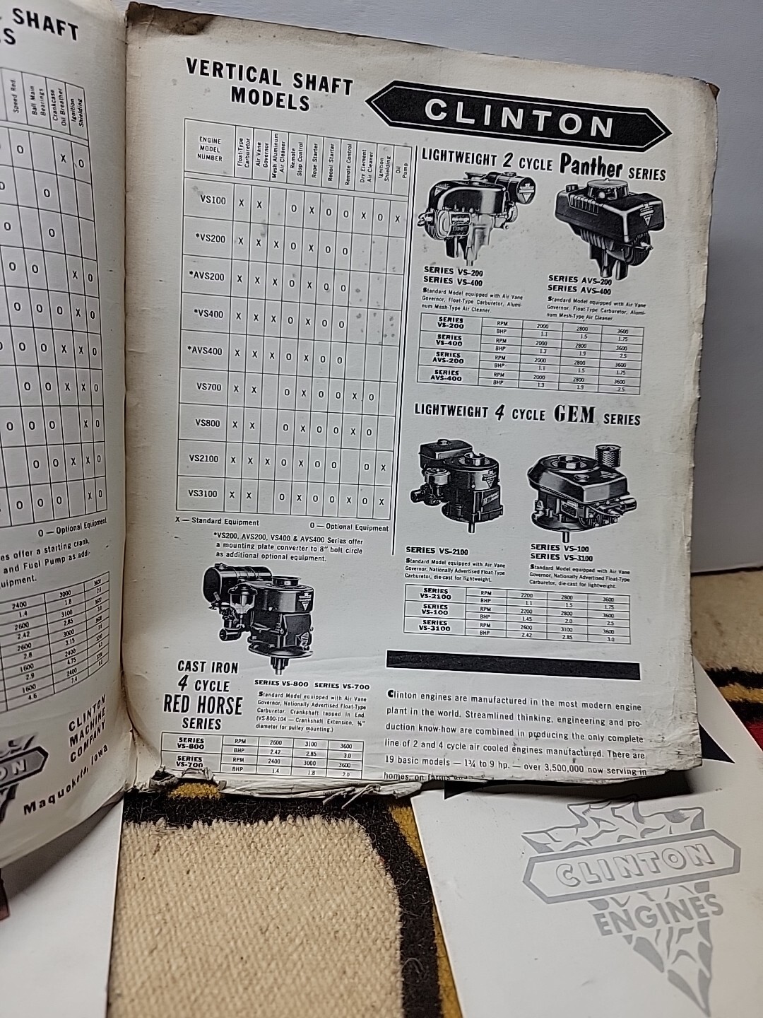Clinton Engine Sales and Service Handy Guide Brochure + 2 Clinton Brochures/1123