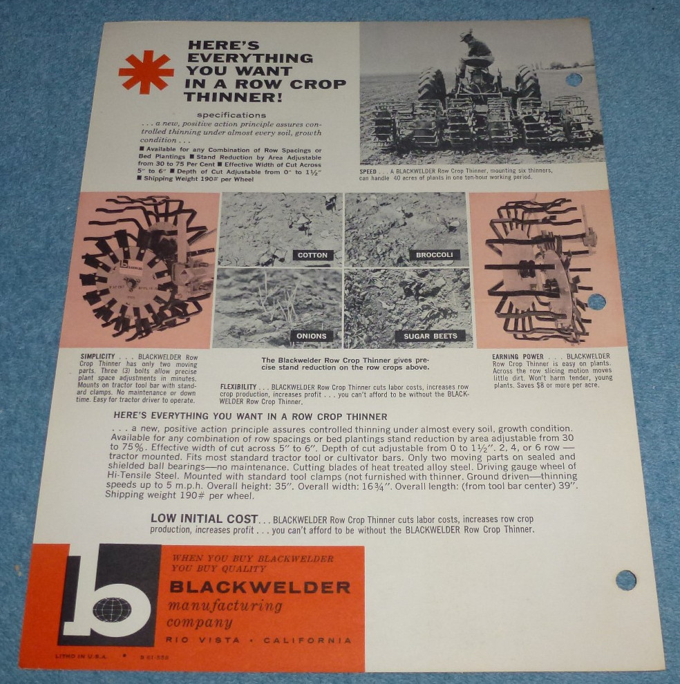 Vintage Circa 1961 Blackwelder Mfg Co Row Crop Thinner Farm Equipment Brochure