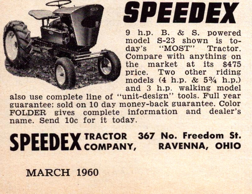 Speedex Tractor Co 9 hp Ravenna OH Lawn Care Yardwork Vintage Print Ad 1960