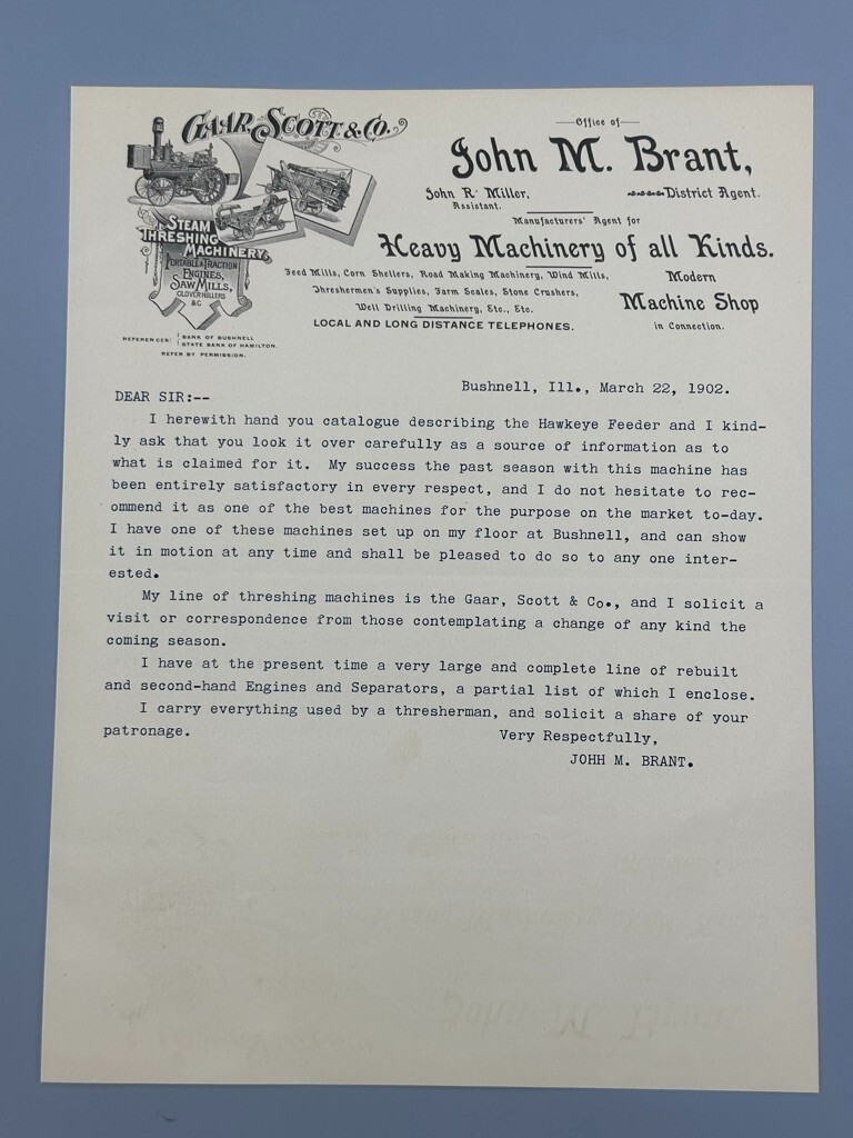 1902 GAAR SCOTT & Co THRESHING MACHINERY Farm Advertising Letter JOHN BRANT