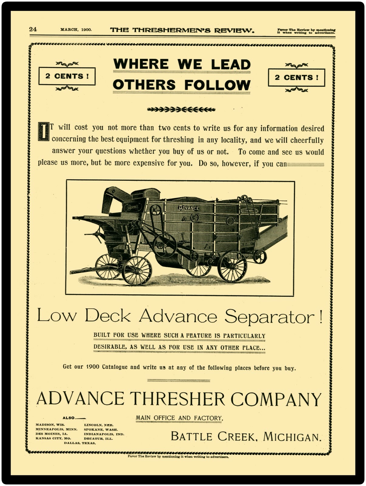 1900 Advance Thresher Co. NEW Metal Sign 24&Prime; x 30&Prime; USA STEEL XL Size – 7 lbs