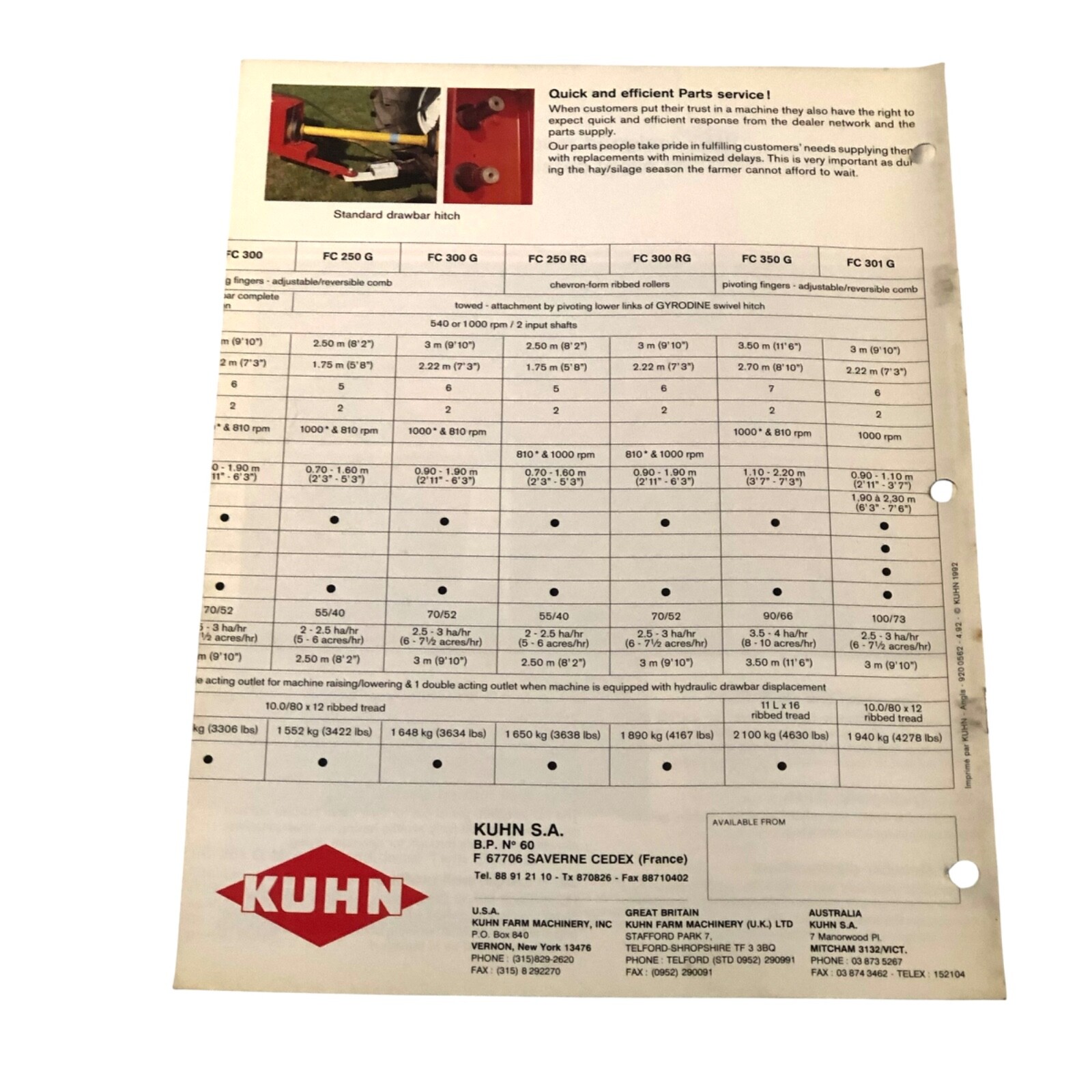 1992 Kuhn FC 250 G / RG – FC 300 G / RG Mower Dealer Sales Promotional Brochure