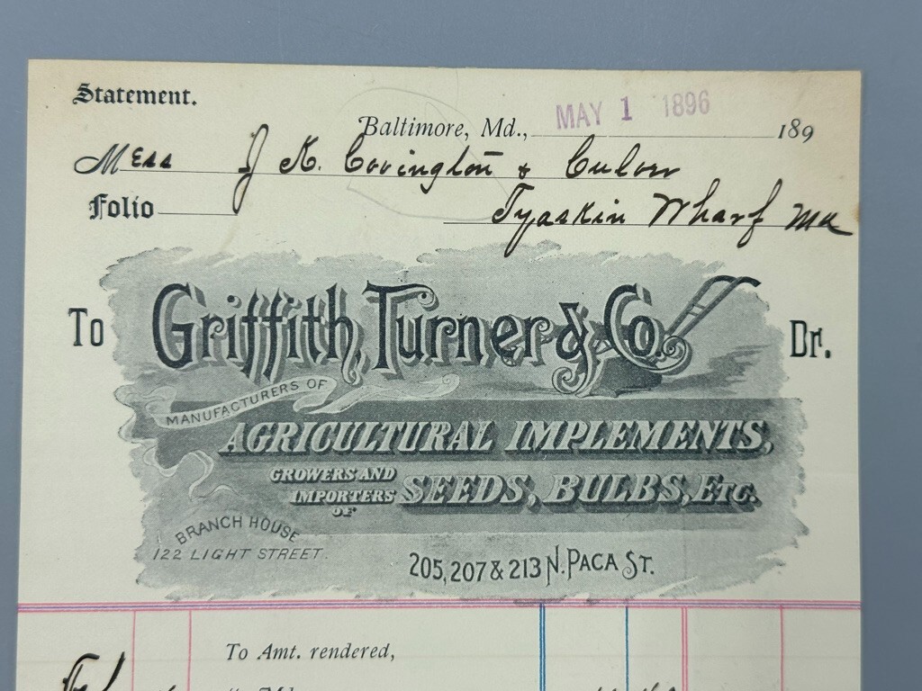 1896 PLOW Griffith Turner Agricultural Implements FARM Advertising BALTIMORE MD