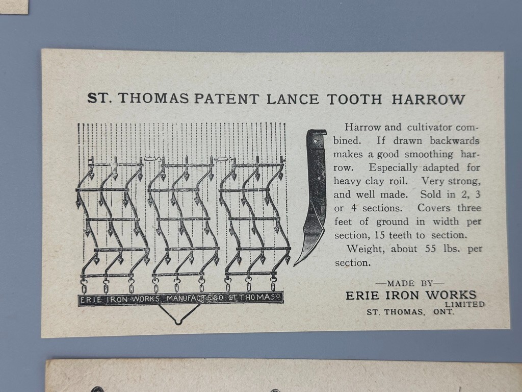 c 1900 ERIE IRON WORKS Cattle HOG TROUGH Hay Rack PLOW Farm Advertise Trade Card