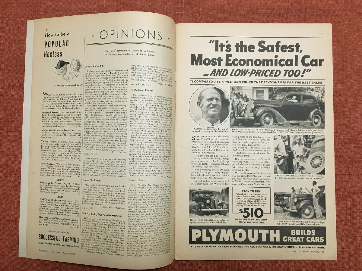 Successful Farming – August 1936 – Ads – IH McCormick/Case/Ford/Chevy/Plymouth