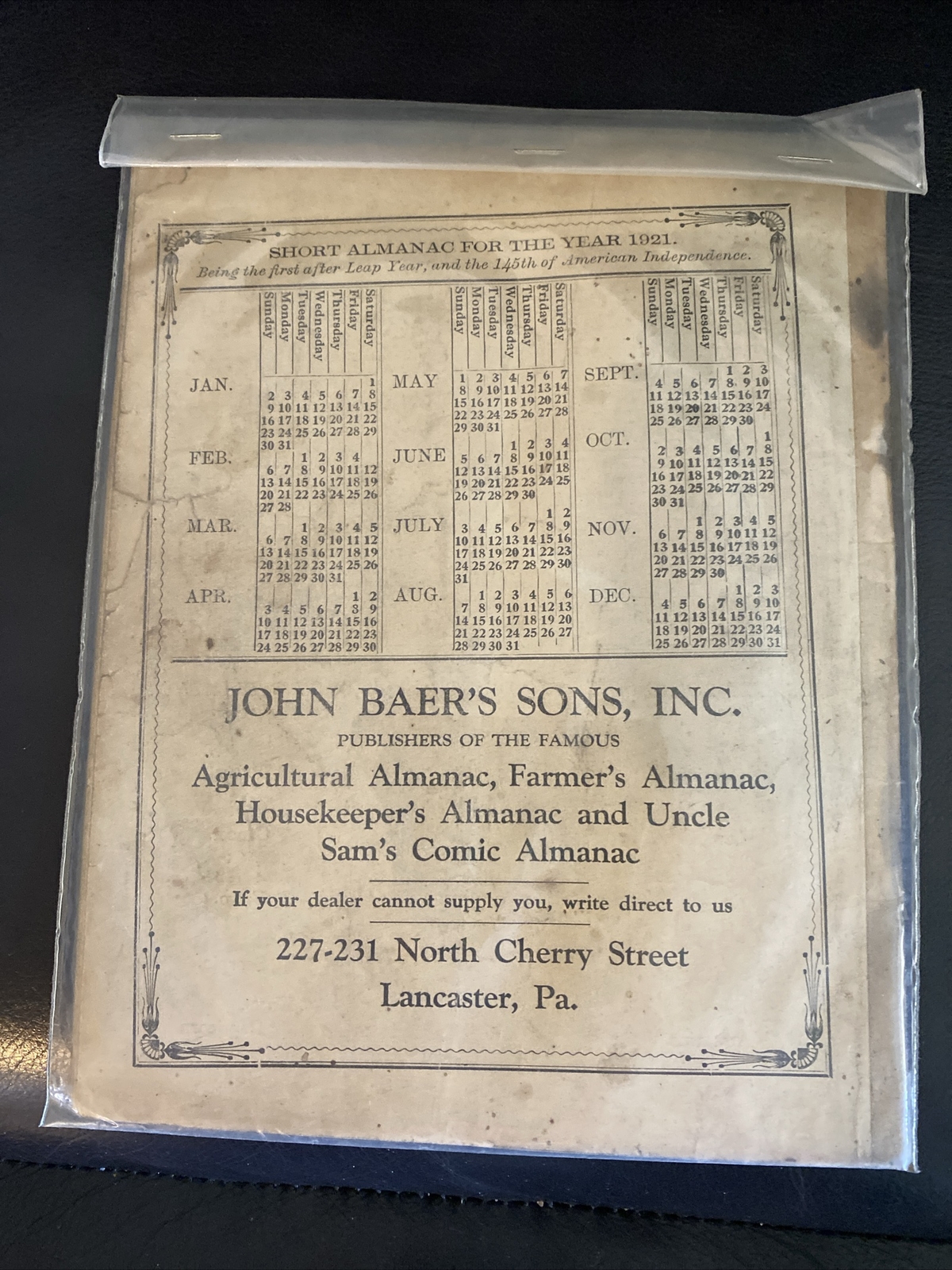 Vintage 1921 John Baers Sons Agricultural Almanac Lancaster Penn Farmers Almanac