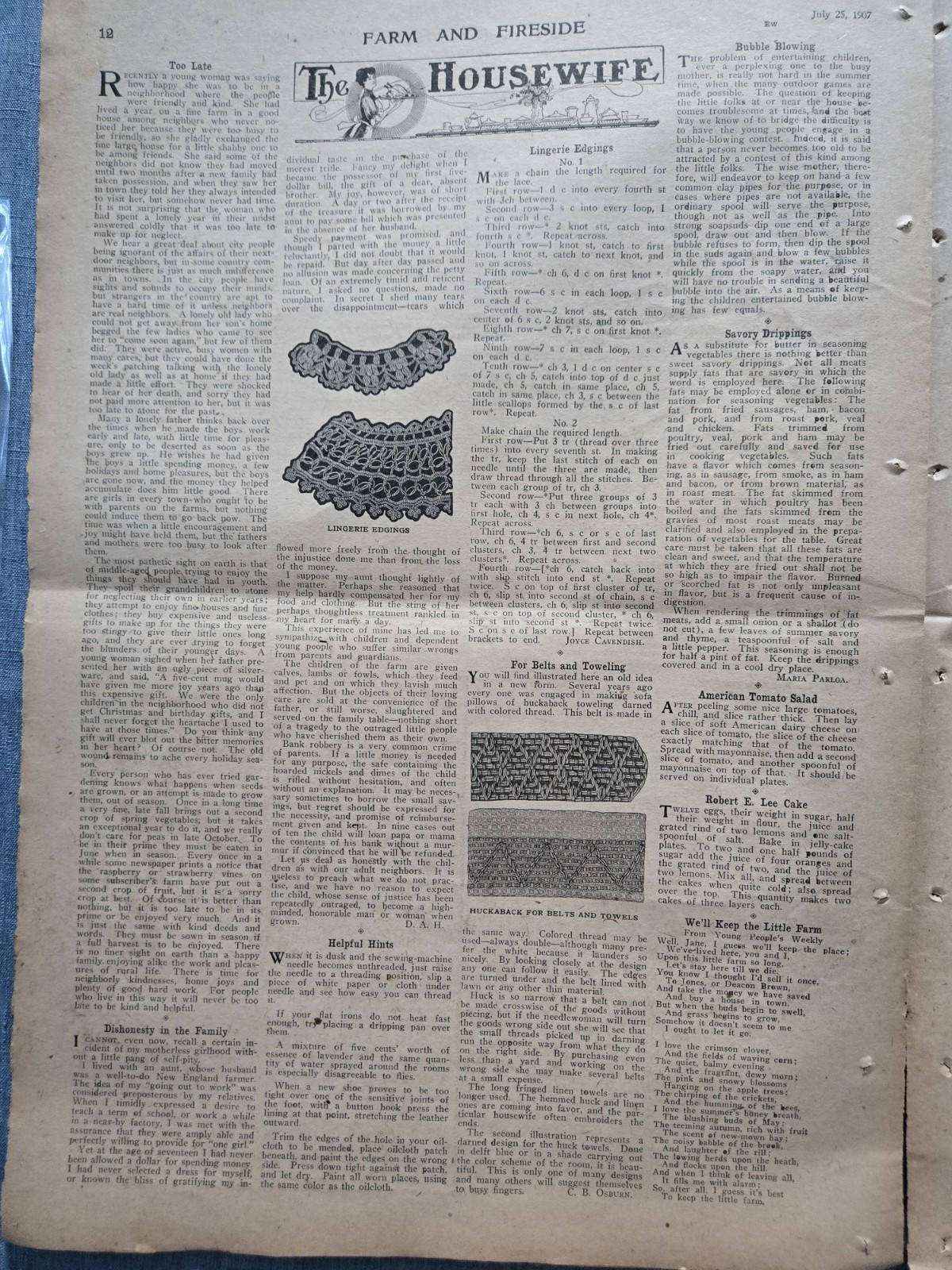 Farm & Fireside Newspaper July 25 1907 Articles Ads Fashion News Humor
