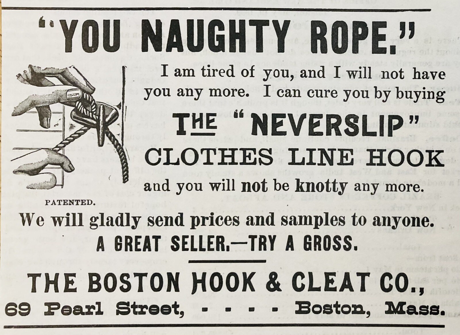 1899 AD.(XH63)~BOSTON HOOK & CLEAT CO. PEARL ST. “NEVERSLIP” CLOTHES LINE HOOK~~