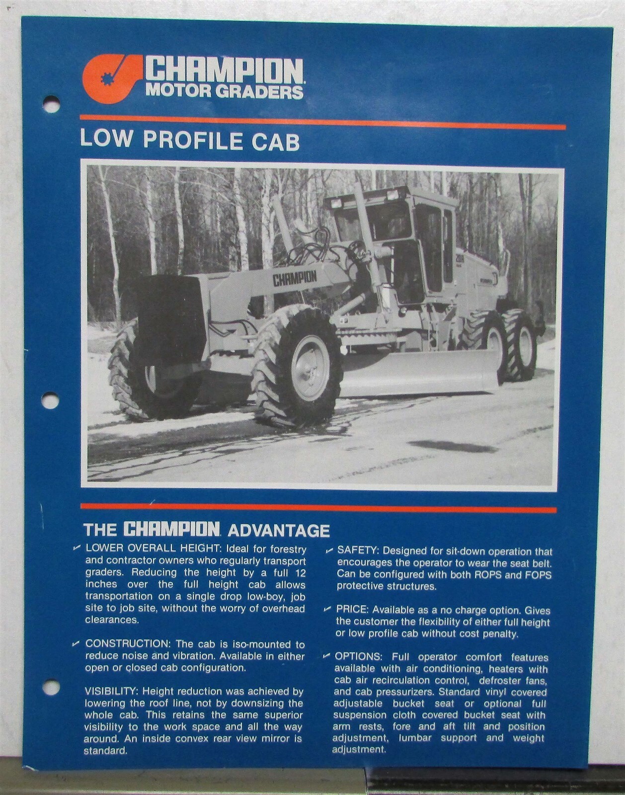 1991 Champion Low Profile Road Motor Grader Specs Construction Sales Data Sheet