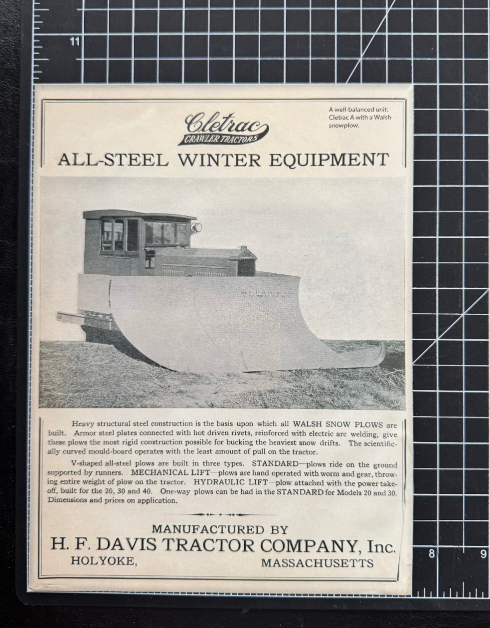 Cletrac Crawler Tractor Walsh Snow Plow Holyoke MA Davis Tractor Print Ad 2022
