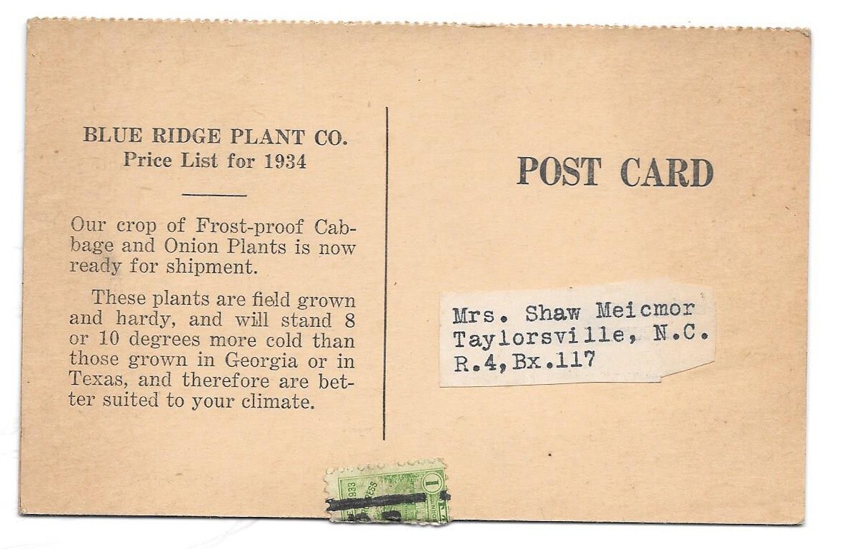 1934 BLUE RIDGE PLANT CO Greenville SC C.O.D. Price List & Order Form Postcard