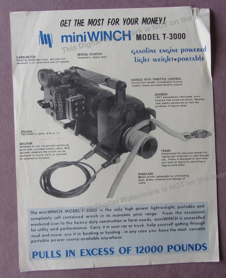 c1970s Mini Winch Model T-3000 Sales Brochure Specs by Triway Mfg Marysville WA