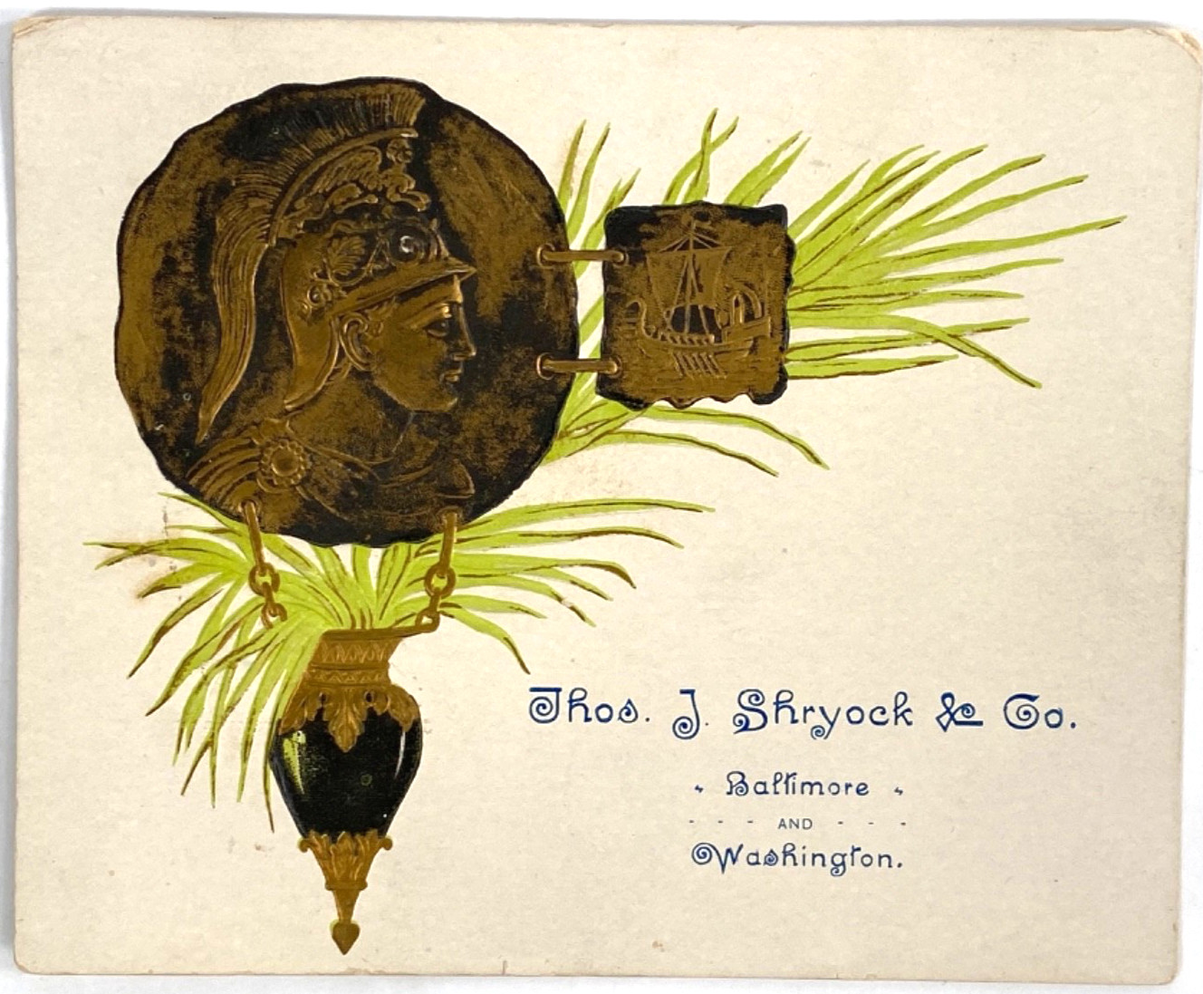 1894 THOMAS J. SHRYOCK & COMPANY antique trade card BALTIMORE & WASHINGTON, D.C.
