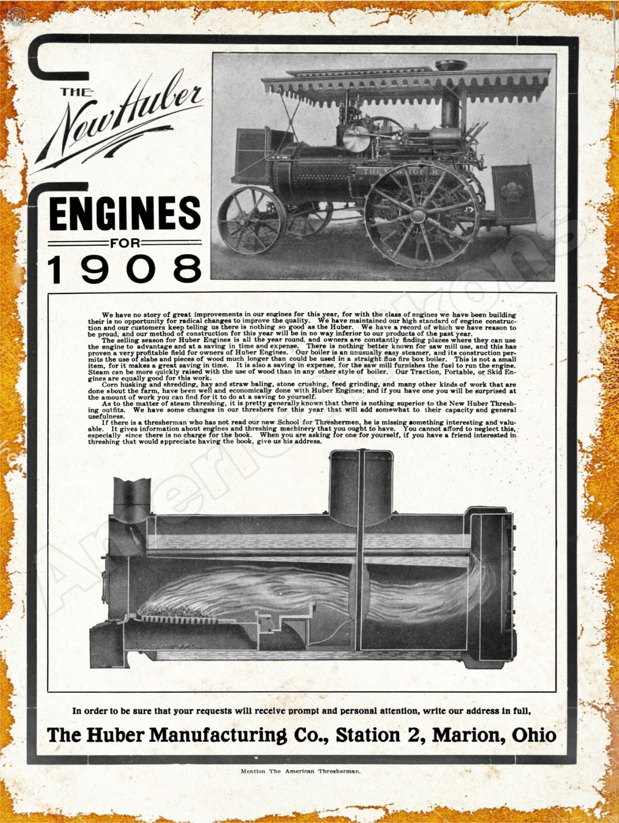 1908 Huber Mfg. Line of Traction & Plow Engines New Metal Sign: Marion, Ohio