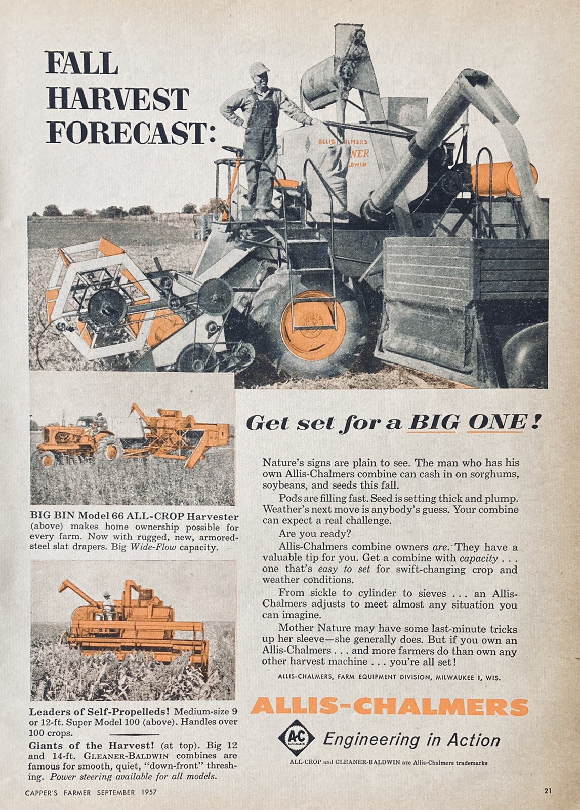 1957 AD(XH43)~ALLIS-CHALMERS FARM EQUIPMENT CO. MODEL 66 ALL-CROP HARVESTER
