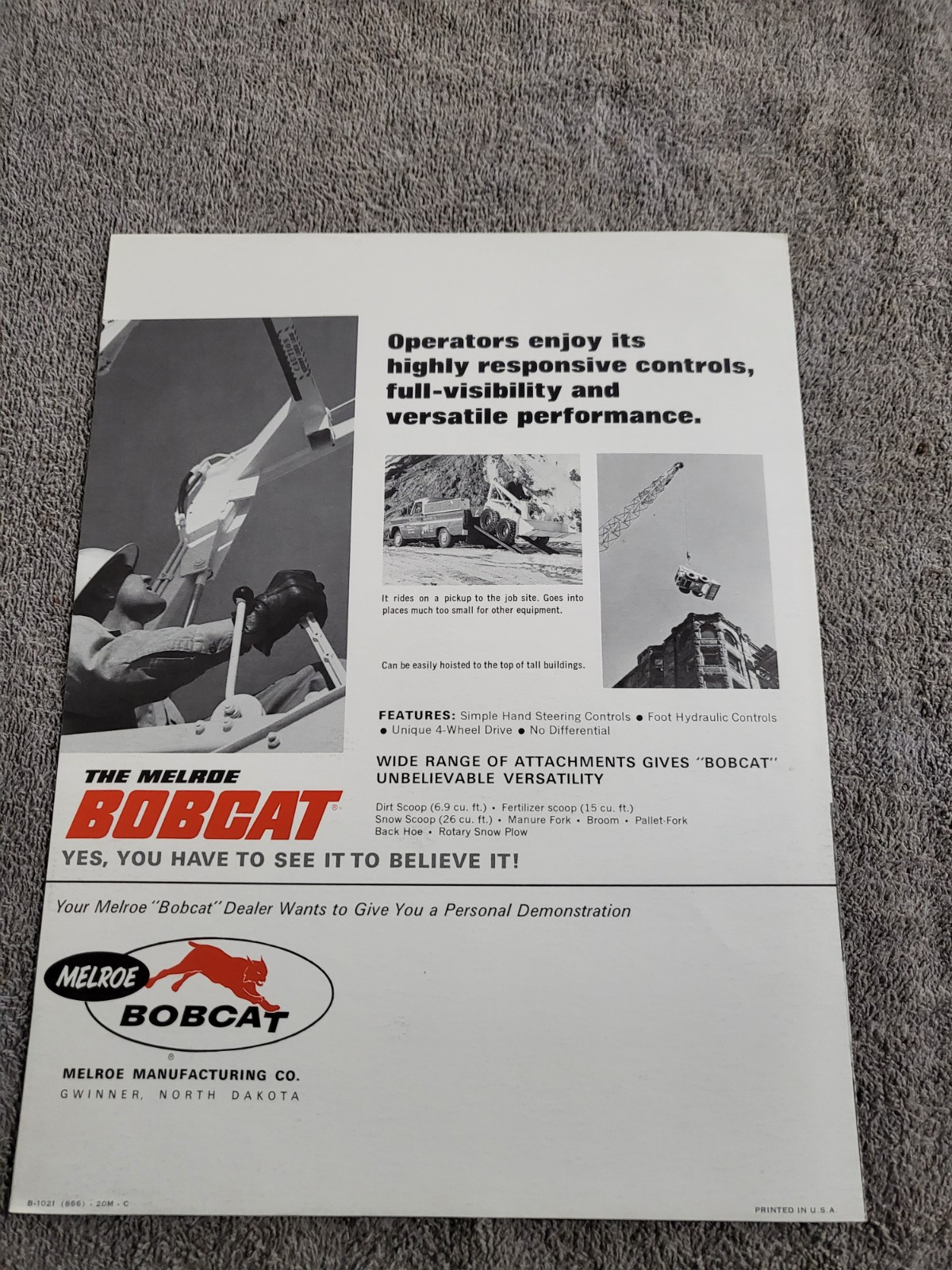 Vintage 1966 BROCHURE Melroe Bobcat M 500 Skid Steer Loader Kohler K662 Engine